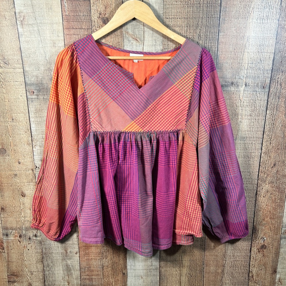 World Market Madras Plaid Patchwork Babydoll Peasant Cotton Blouse Boho L XL Top